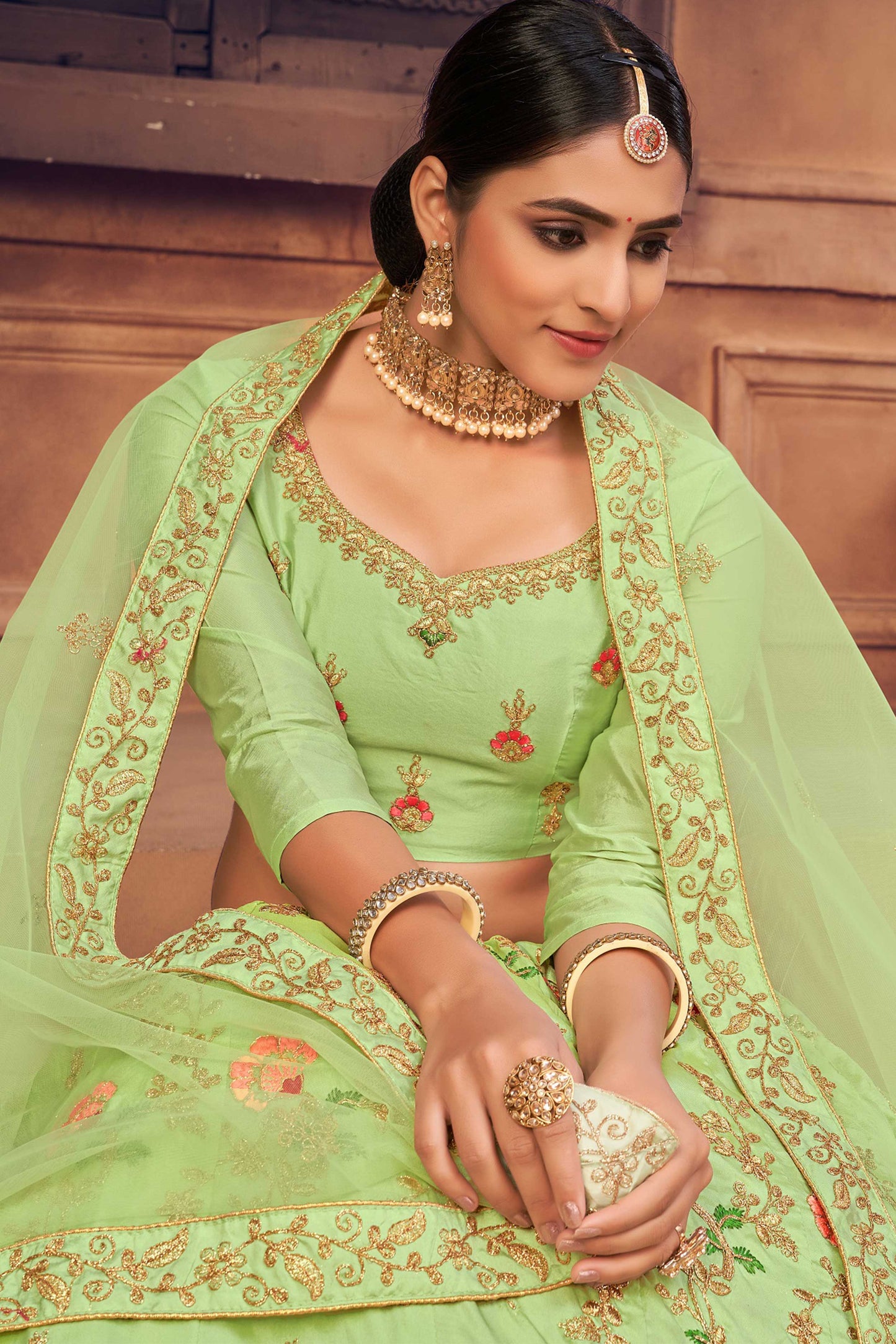 Light-Green Taffeta Silk Floral Meena Motif Lehenga Choli with Thread-Pearl Embroidery and Net Dupatta