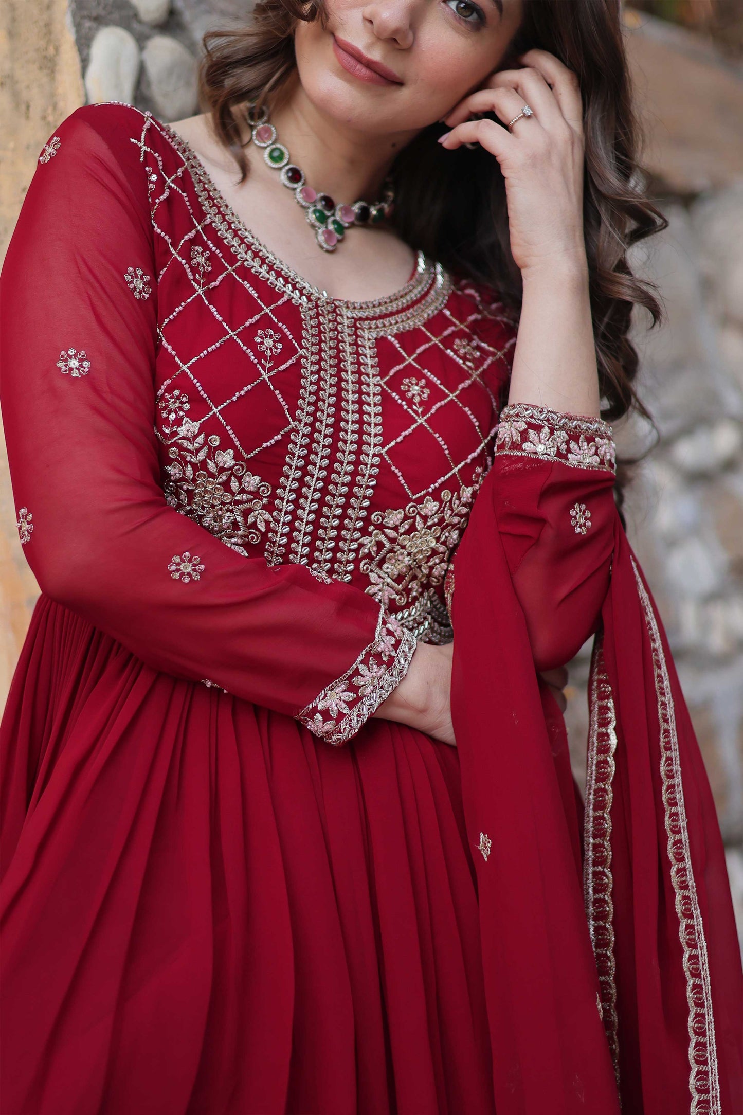 Premium Readymade Faux Blooming Gown with Sequins & Beads Embroidery + Dupatta – Elegant Full-Length Ensemble