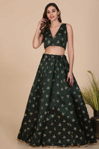 Green Foil Print Lehenga With Anarkali Flare For Women