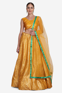 Yellow Banarasi Lehenga With Net Dupatta For Women