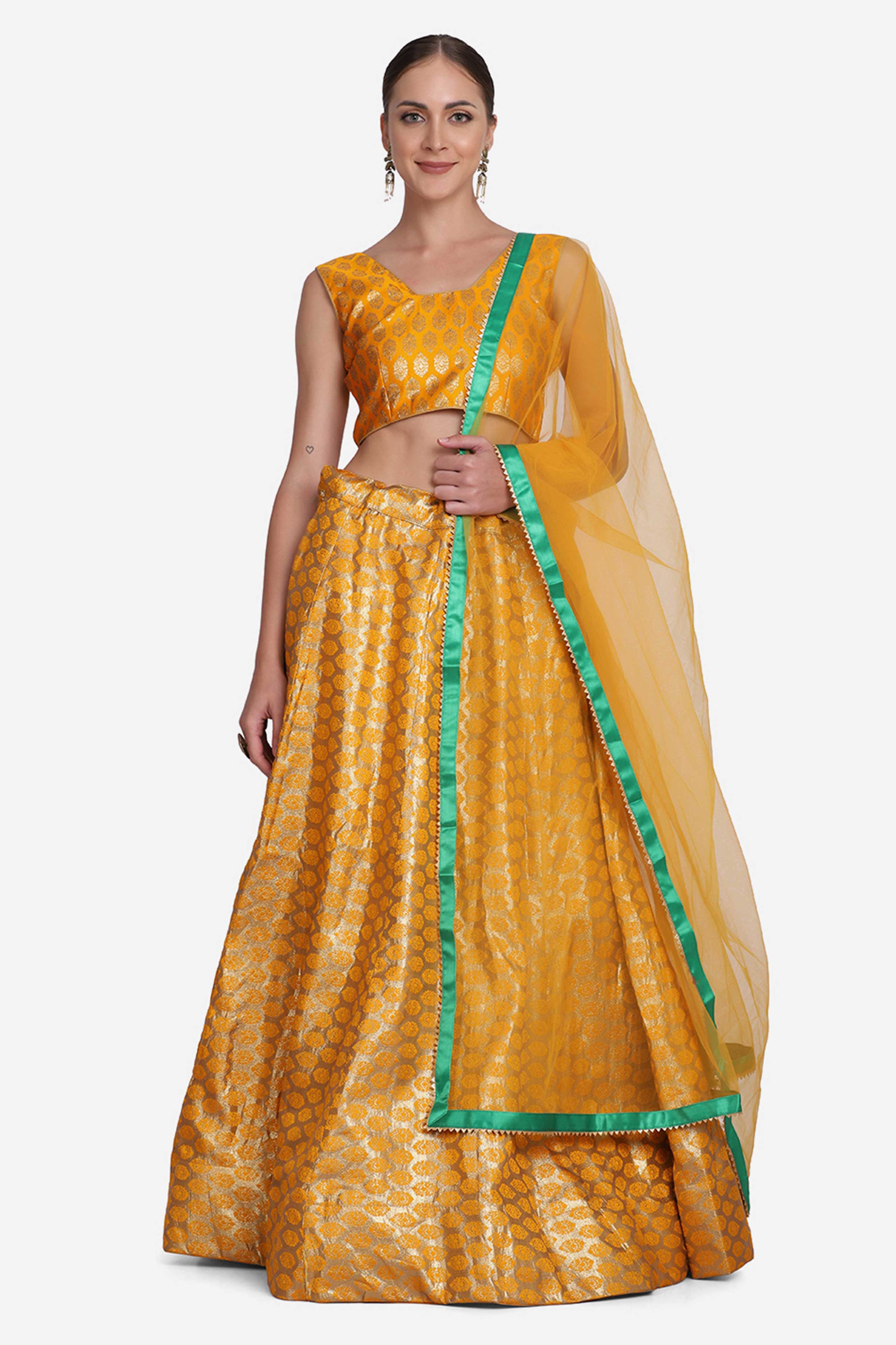 Yellow Banarasi Lehenga With Net Dupatta For Women