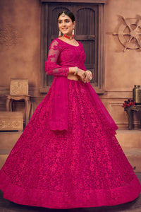 Women's Semi Stitched Net Lehenga Choli (Rose Pink_Free Size)