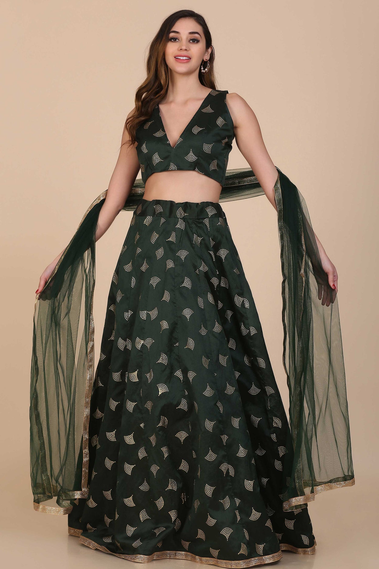 Green Foil Print Lehenga With Anarkali Flare For Women