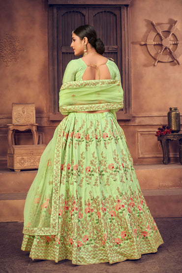 Light-Green Taffeta Silk Floral Meena Motif Lehenga Choli with Thread-Pearl Embroidery and Net Dupatta