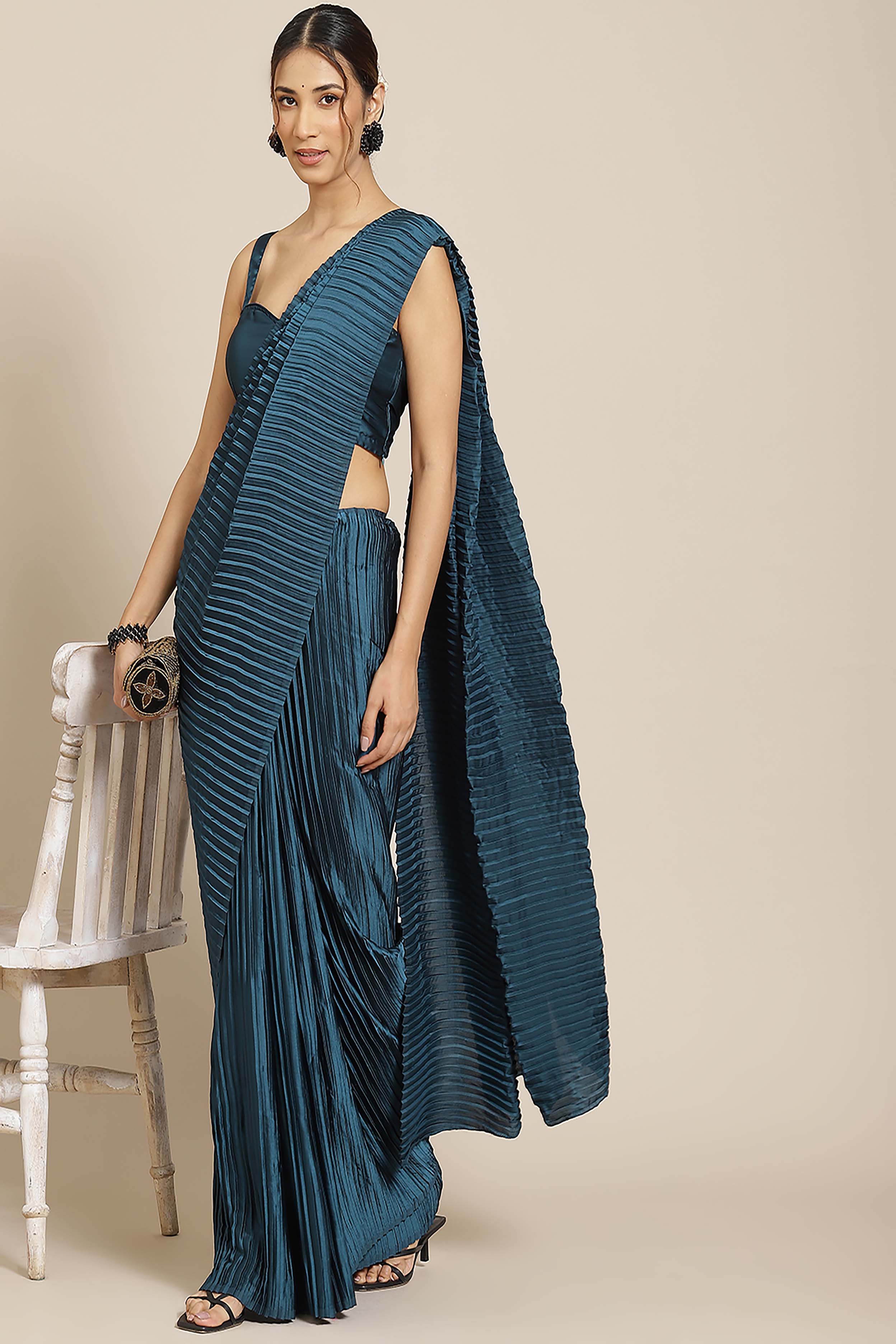 Teal Blue Solid Pleated Satin Silk Party wear Saree