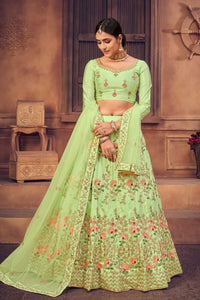 Light-Green Taffeta Silk Floral Meena Motif Lehenga Choli with Thread-Pearl Embroidery and Net Dupatta