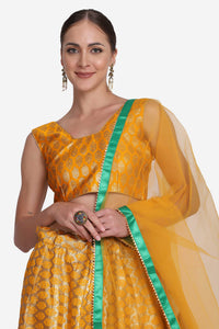 Yellow Banarasi Lehenga With Net Dupatta For Women