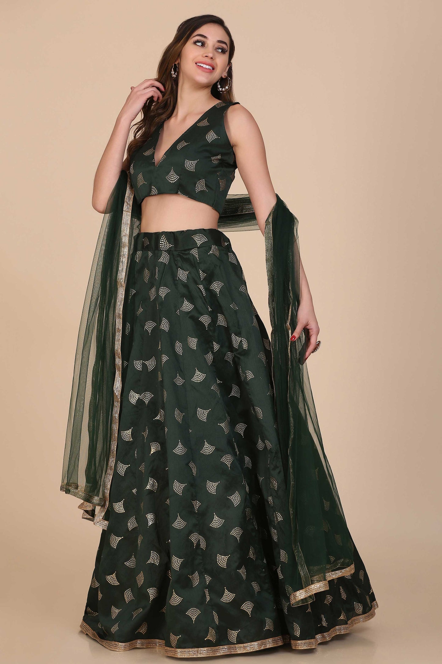 Green Foil Print Lehenga With Anarkali Flare For Women