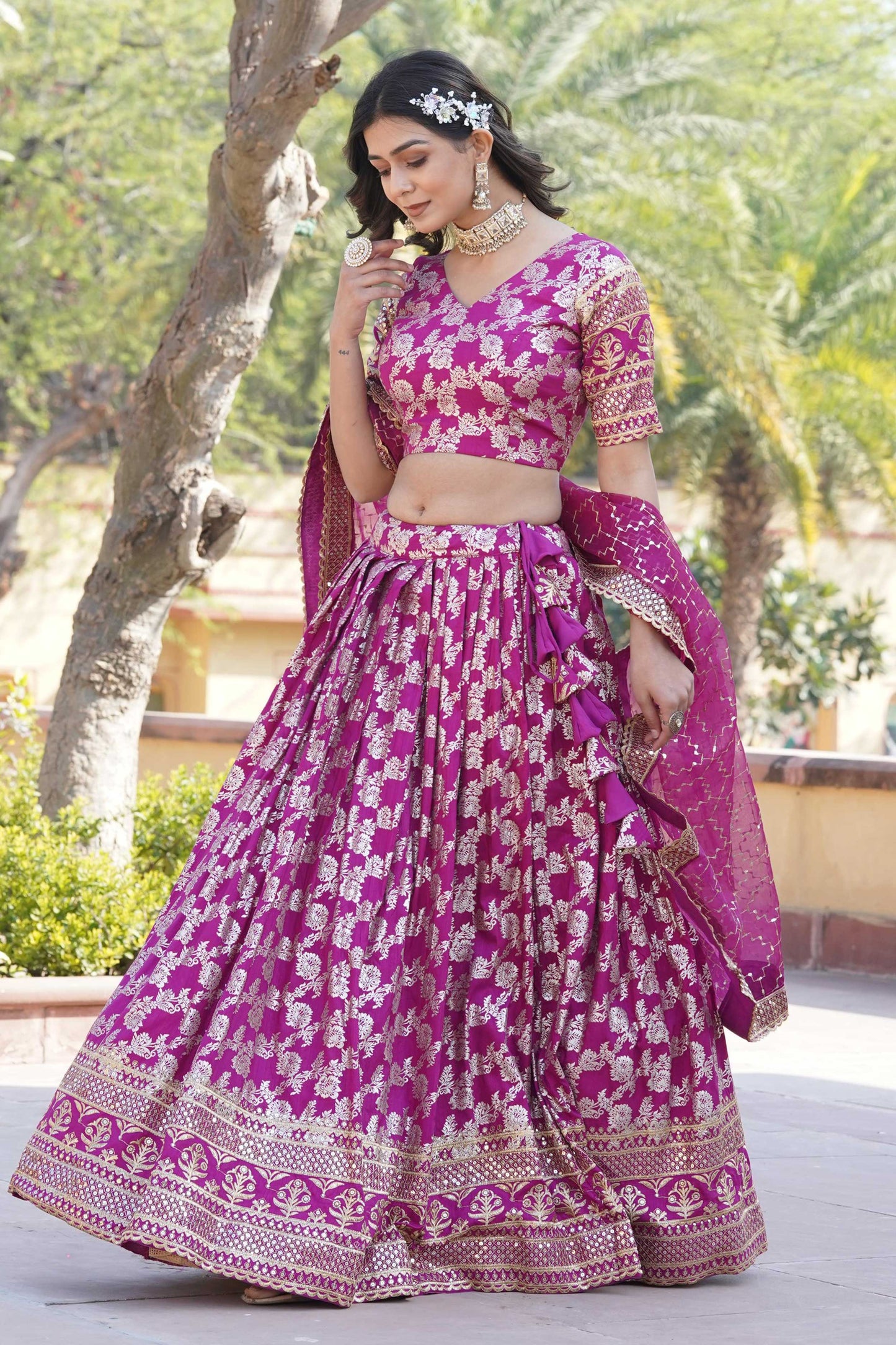 Designer Dyeable Pure Viscose Jacquard Lehenga Choli & Dupatta Set