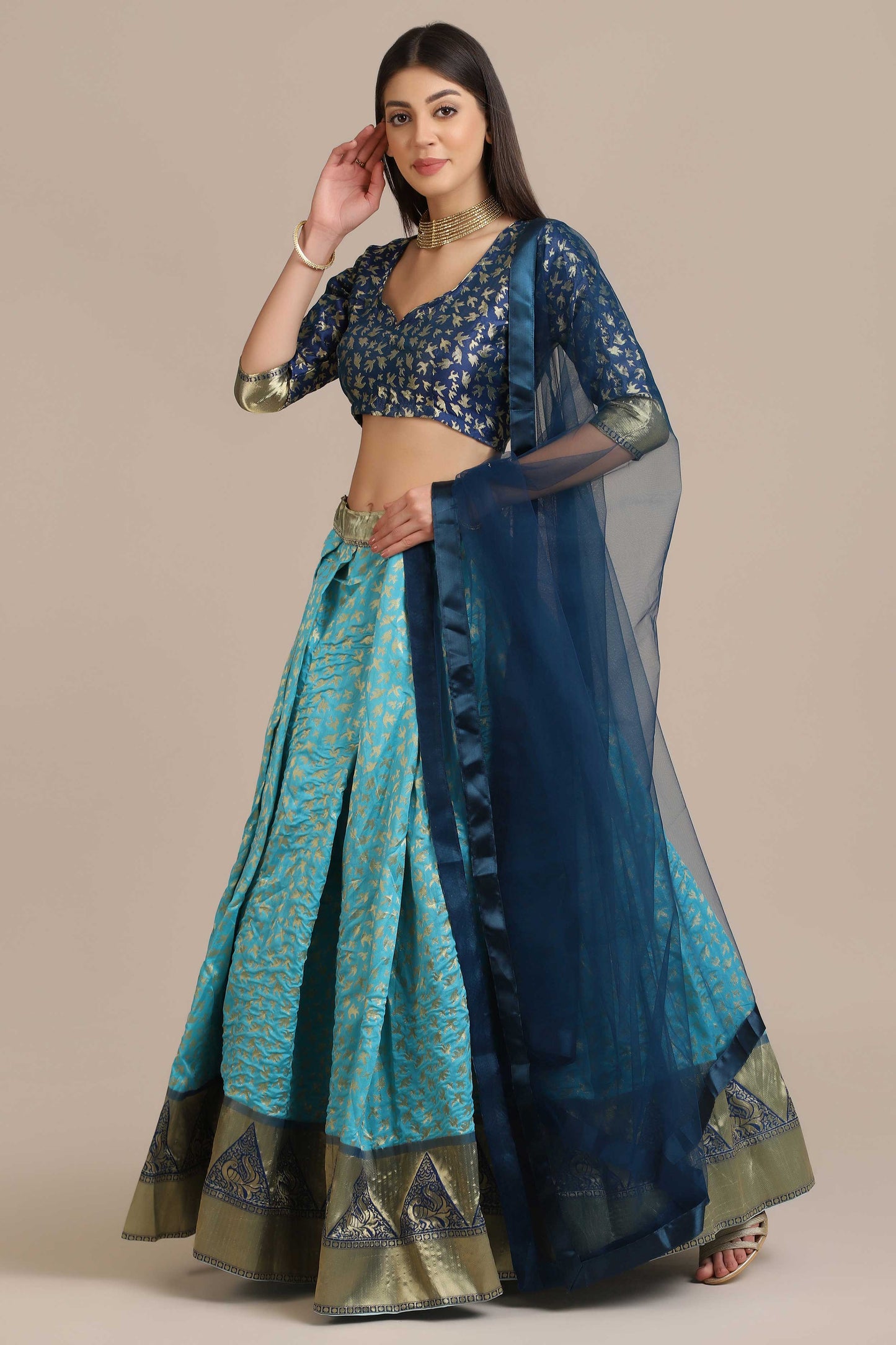 Woven Zari Silk Aqua Blue Lehenga