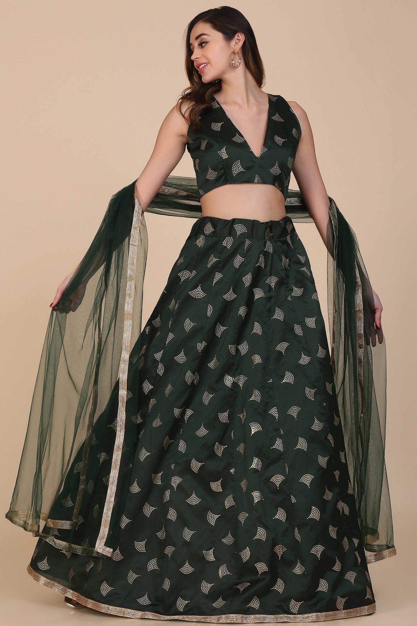 Green Foil Print Lehenga With Anarkali Flare For Women