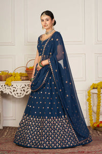 Teal-Blue Georgette Lehenga Choli with All-Over Chakra Bootis Mirror-Thread Embroidery and Dupatta