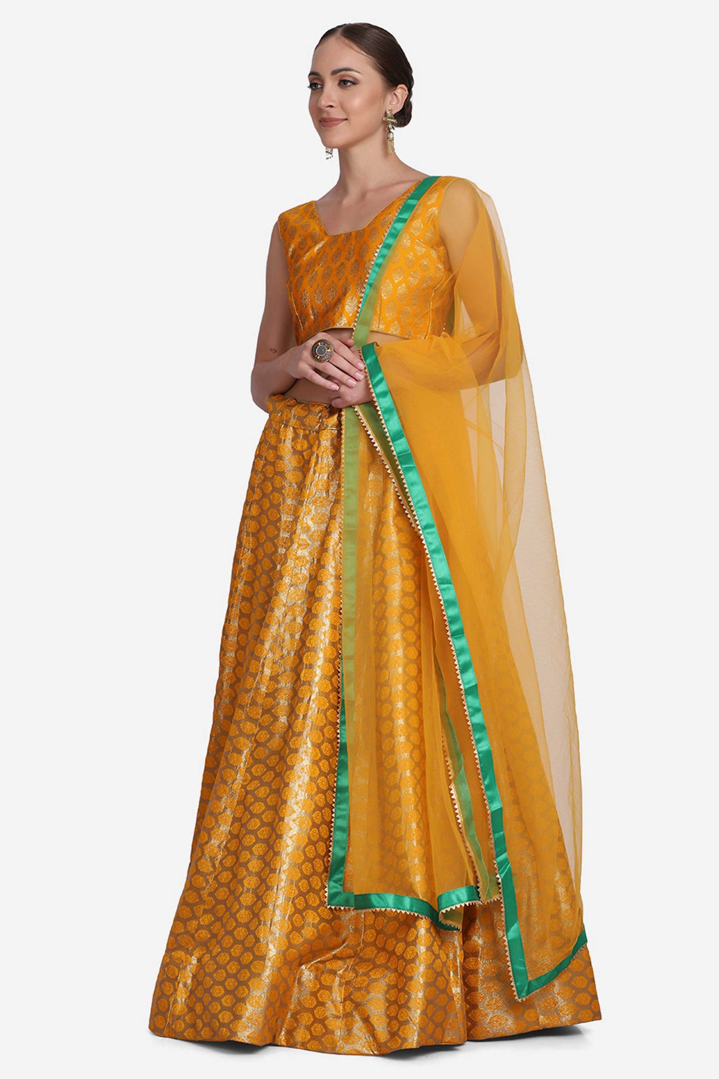 Yellow Banarasi Lehenga With Net Dupatta For Women