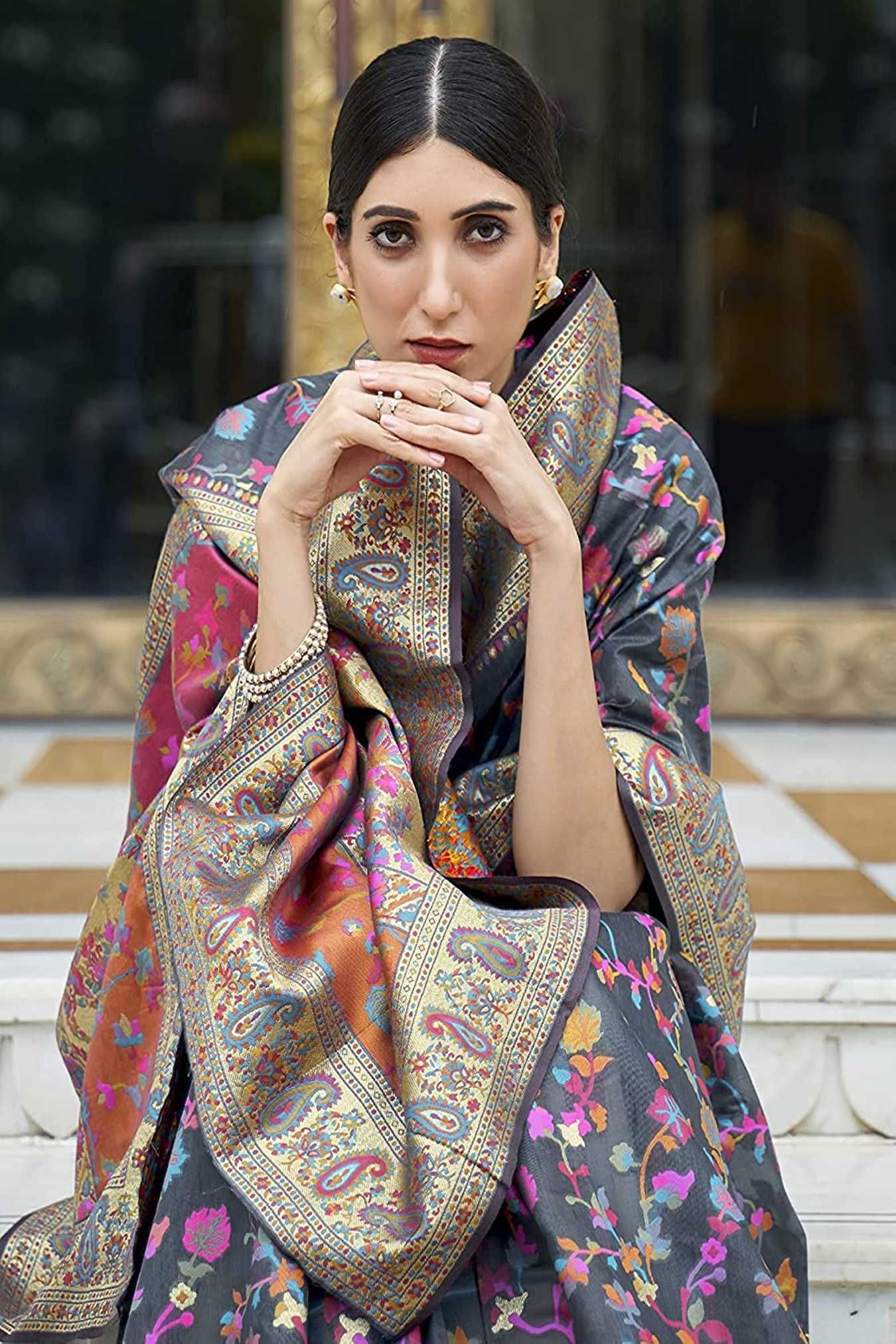 Kashmiri Weaving Silk Saree With Indian Rich Pallu