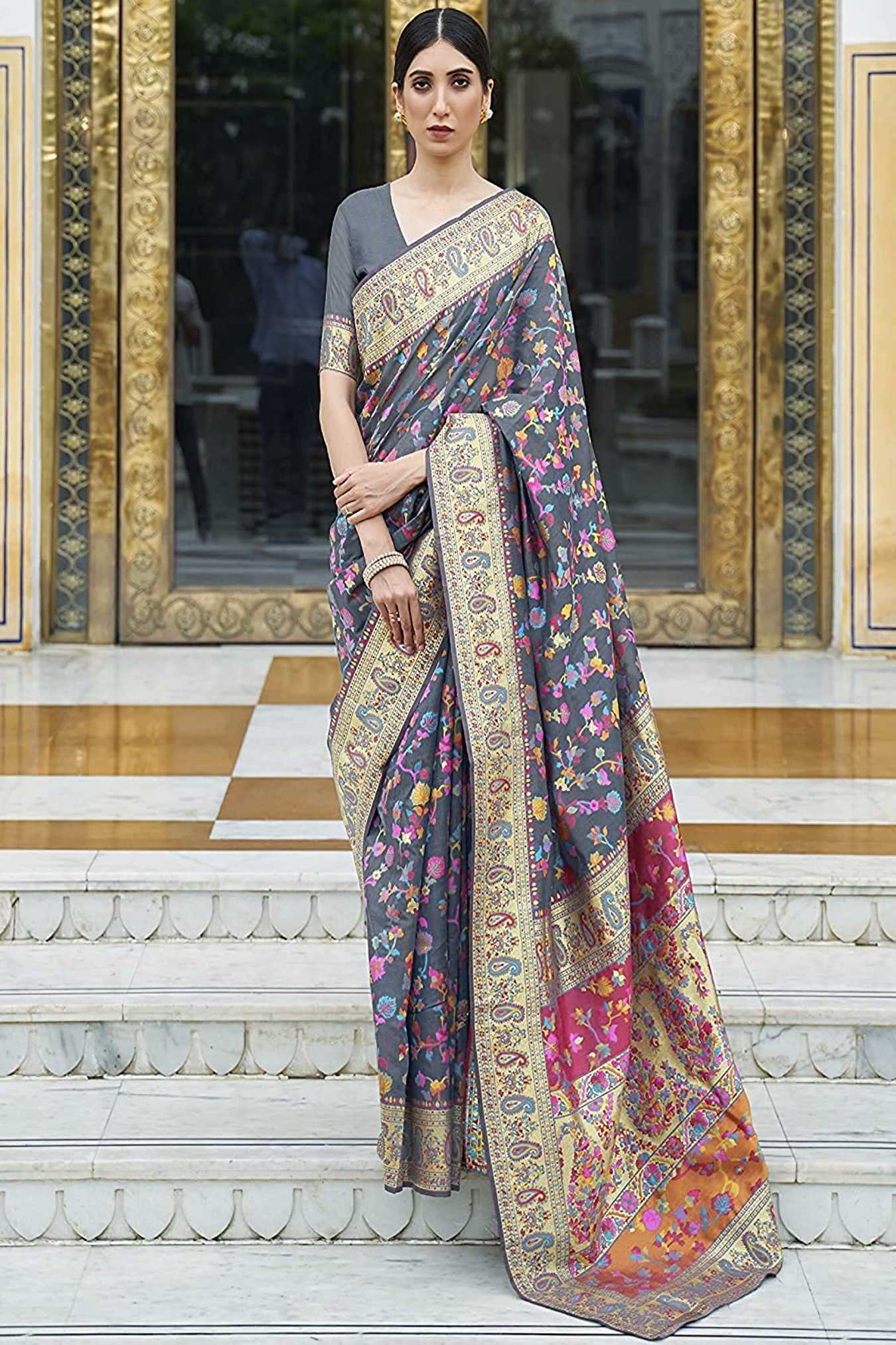 Kashmiri Weaving Silk Saree With Indian Rich Pallu