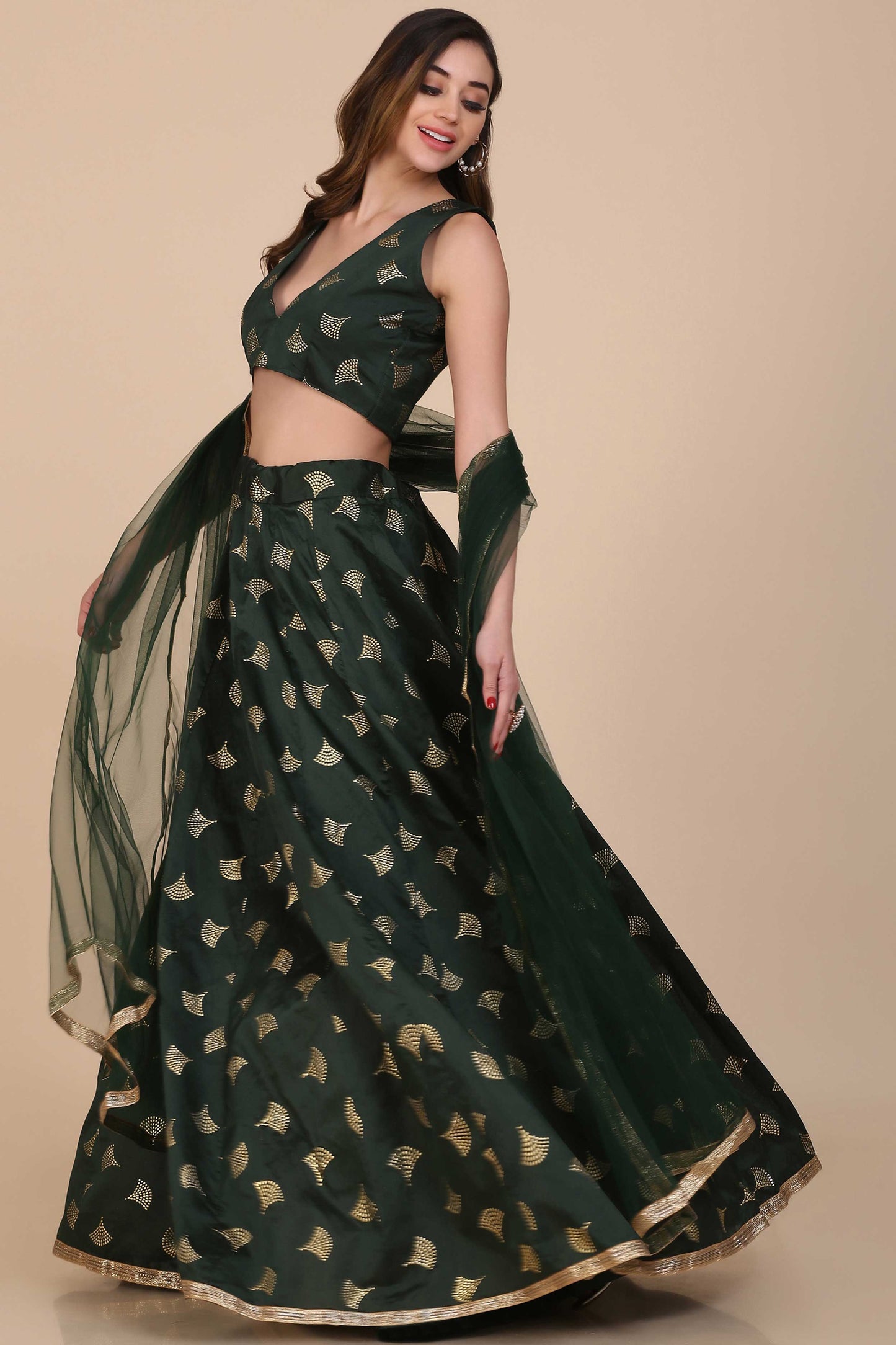 Green Foil Print Lehenga With Anarkali Flare For Women