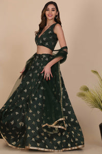 Green Foil Print Lehenga With Anarkali Flare For Women