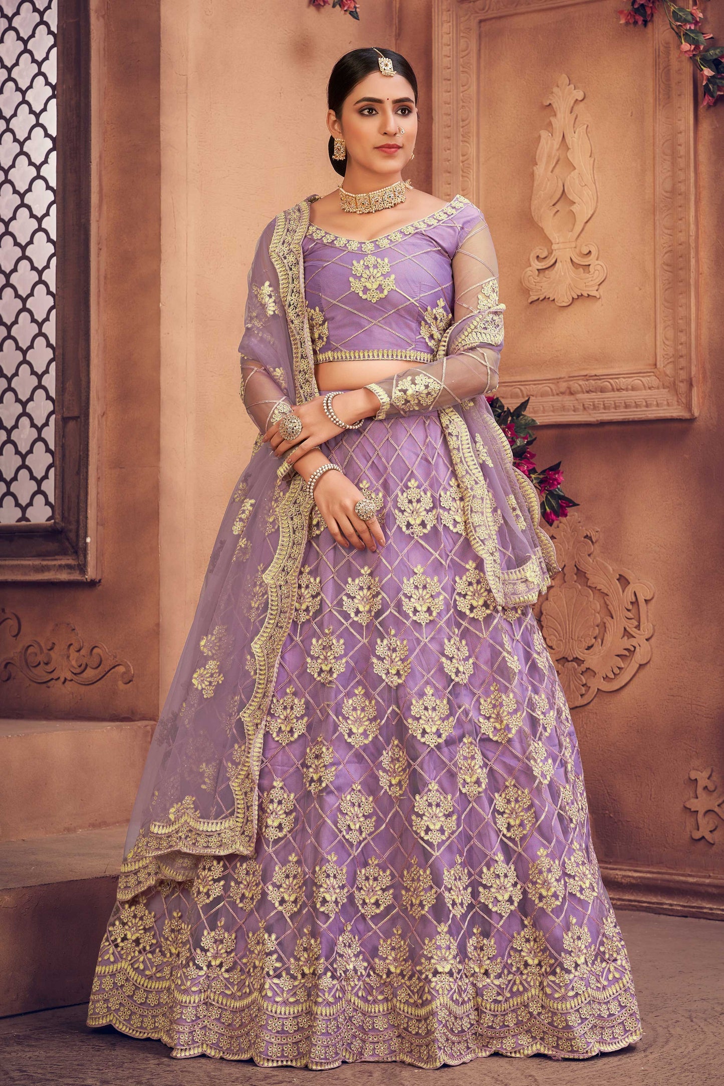 Purple Colour Net Embroidery With Full Flare Lehenga For Women