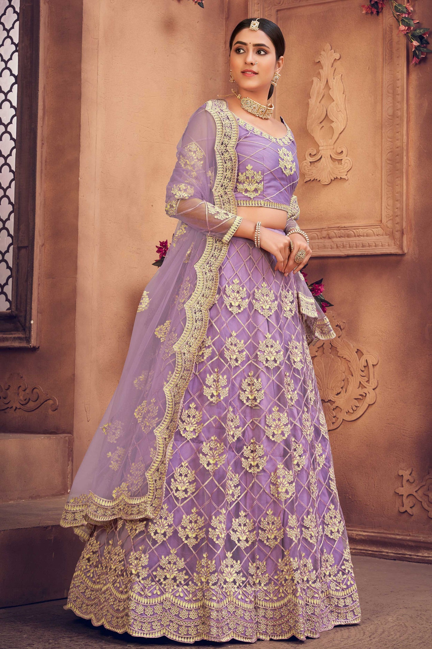 Purple Colour Net Embroidery With Full Flare Lehenga For Women