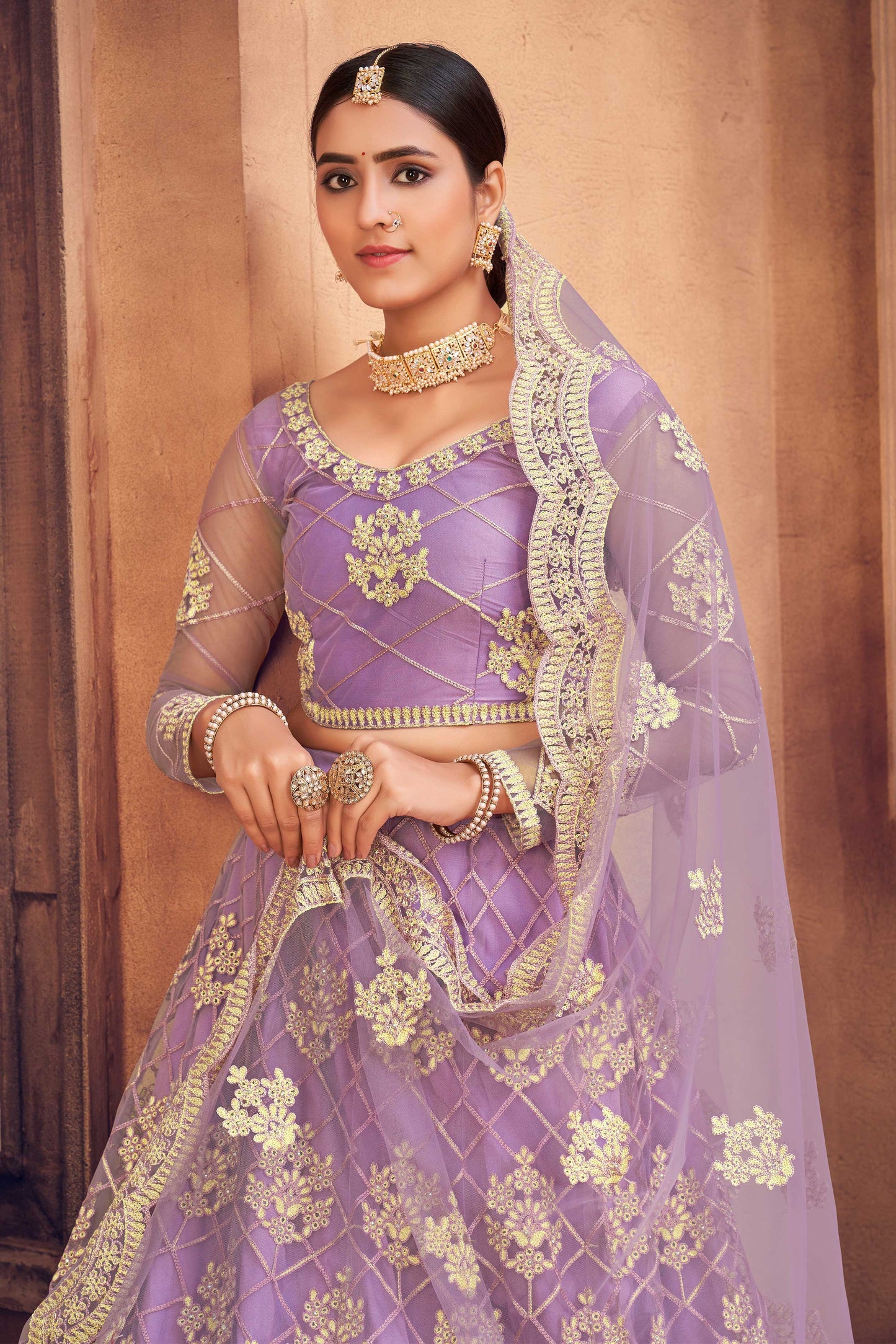 Purple Colour Net Embroidery With Full Flare Lehenga For Women