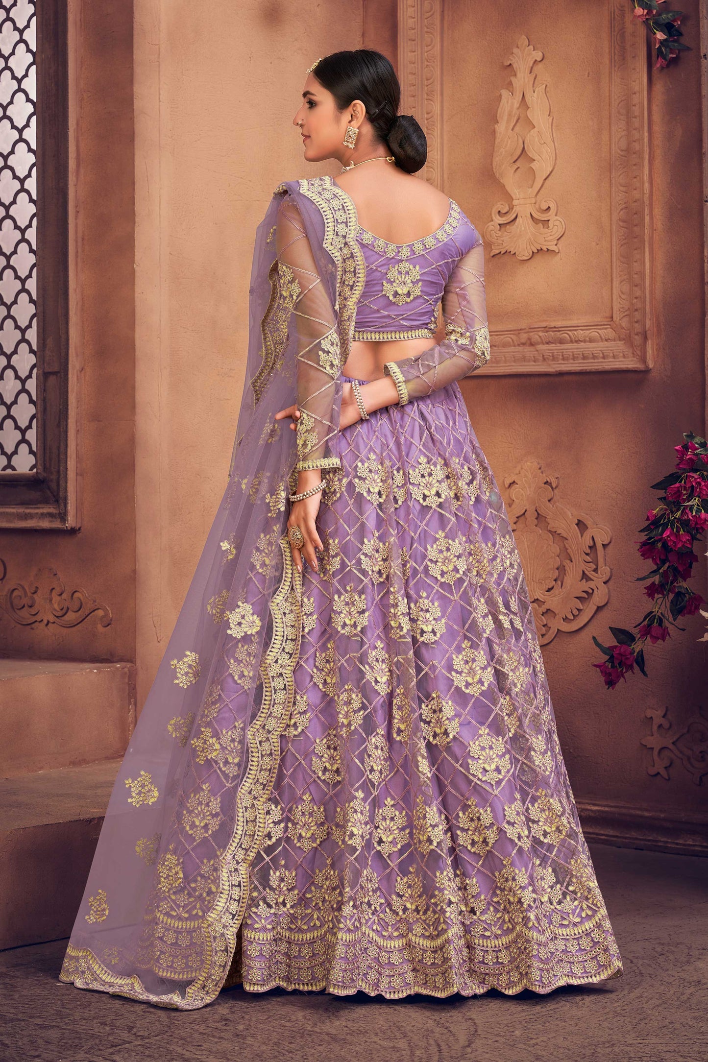 Purple Colour Net Embroidery With Full Flare Lehenga For Women