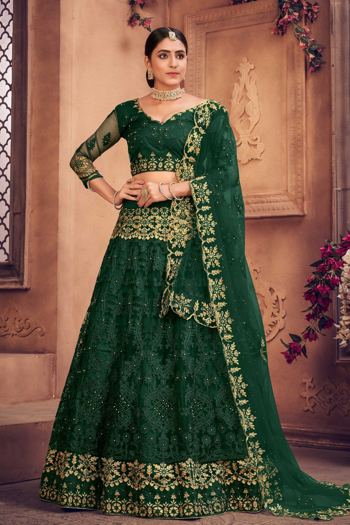 Women's Net Embroidery V Neck Semi-stiched Lehenga Choli Set With Dupatta For Women Lehenga Choli For Women