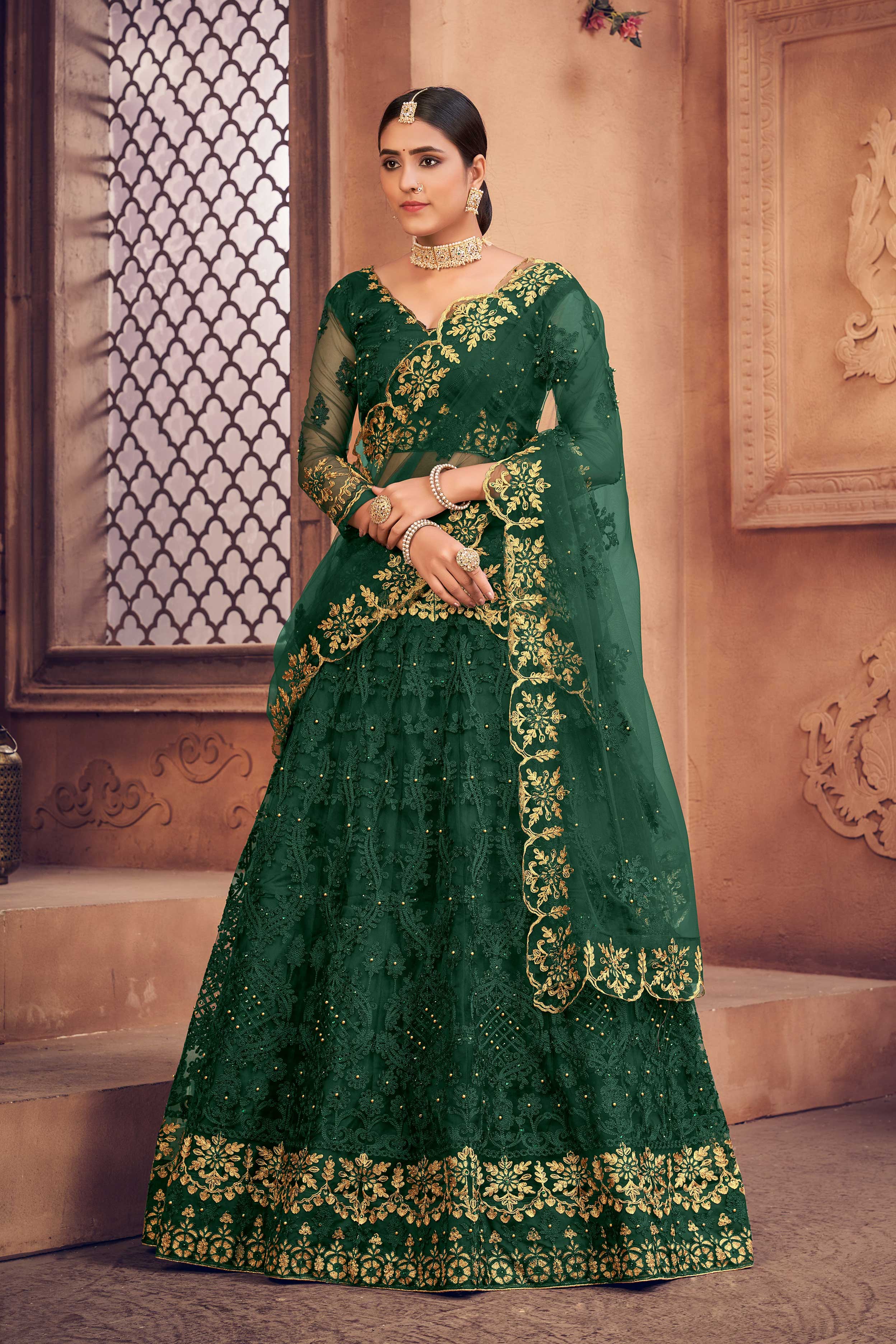 Women's Net Embroidery V Neck Semi-stiched Lehenga Choli Set With Dupatta For Women Lehenga Choli For Women