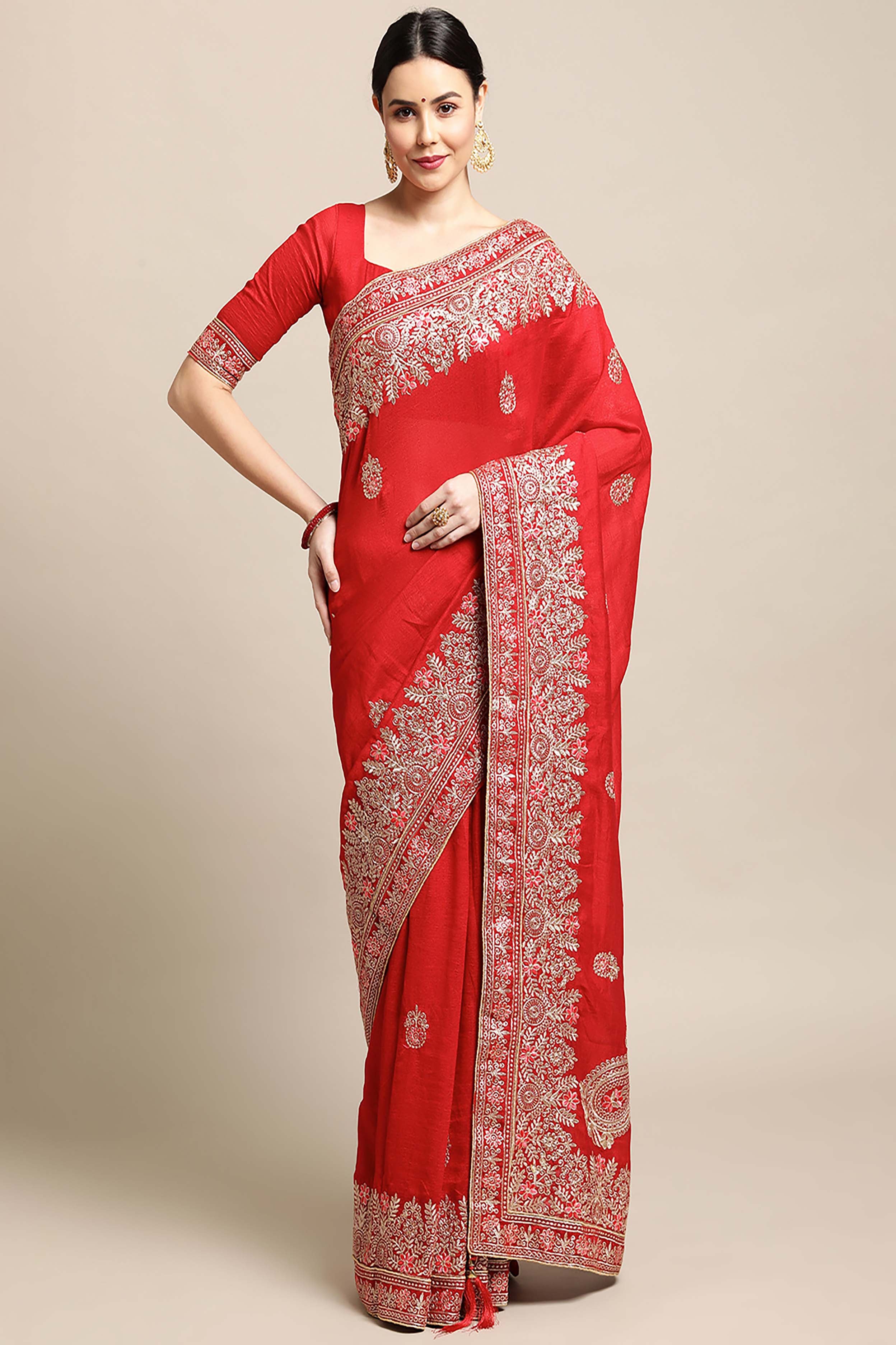 Warthy Ent Red Silk Embroidered Saree With Unstitched Blouse Warthy Ent