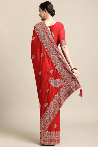 Warthy Ent Red Silk Embroidered Saree With Unstitched Blouse Warthy Ent