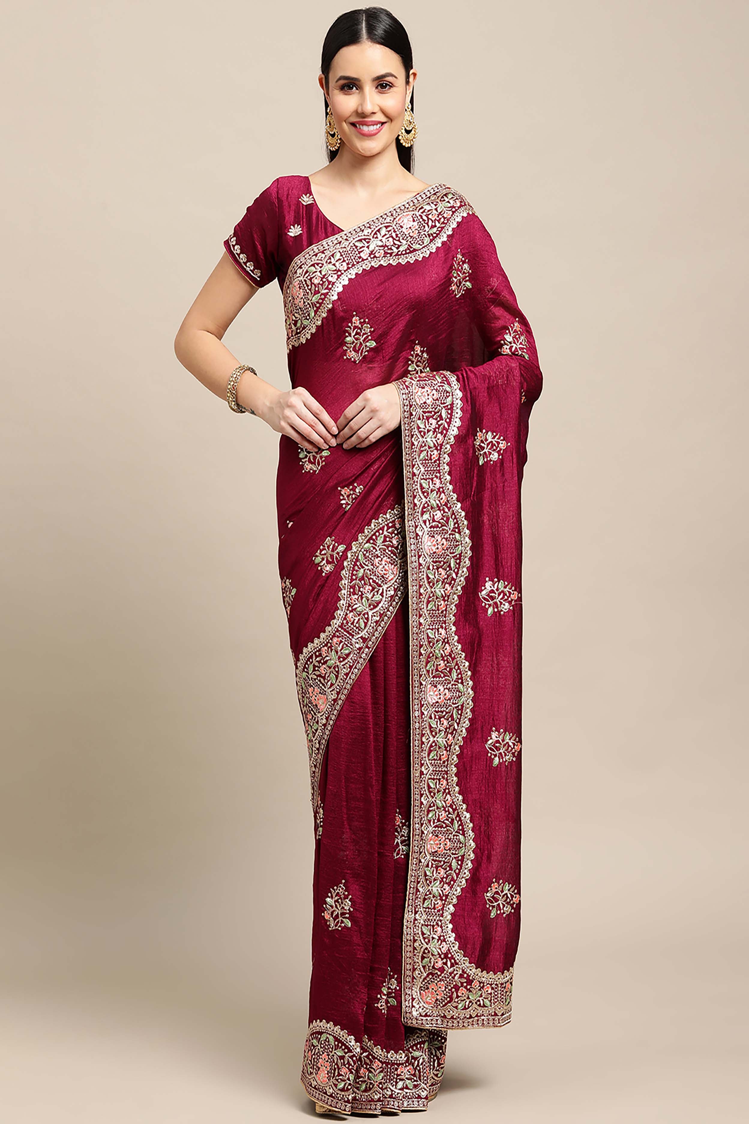 Maroon  Silk Embroidery Saree For Women