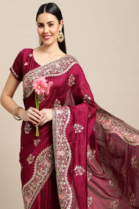 Maroon  Silk Embroidery Saree For Women