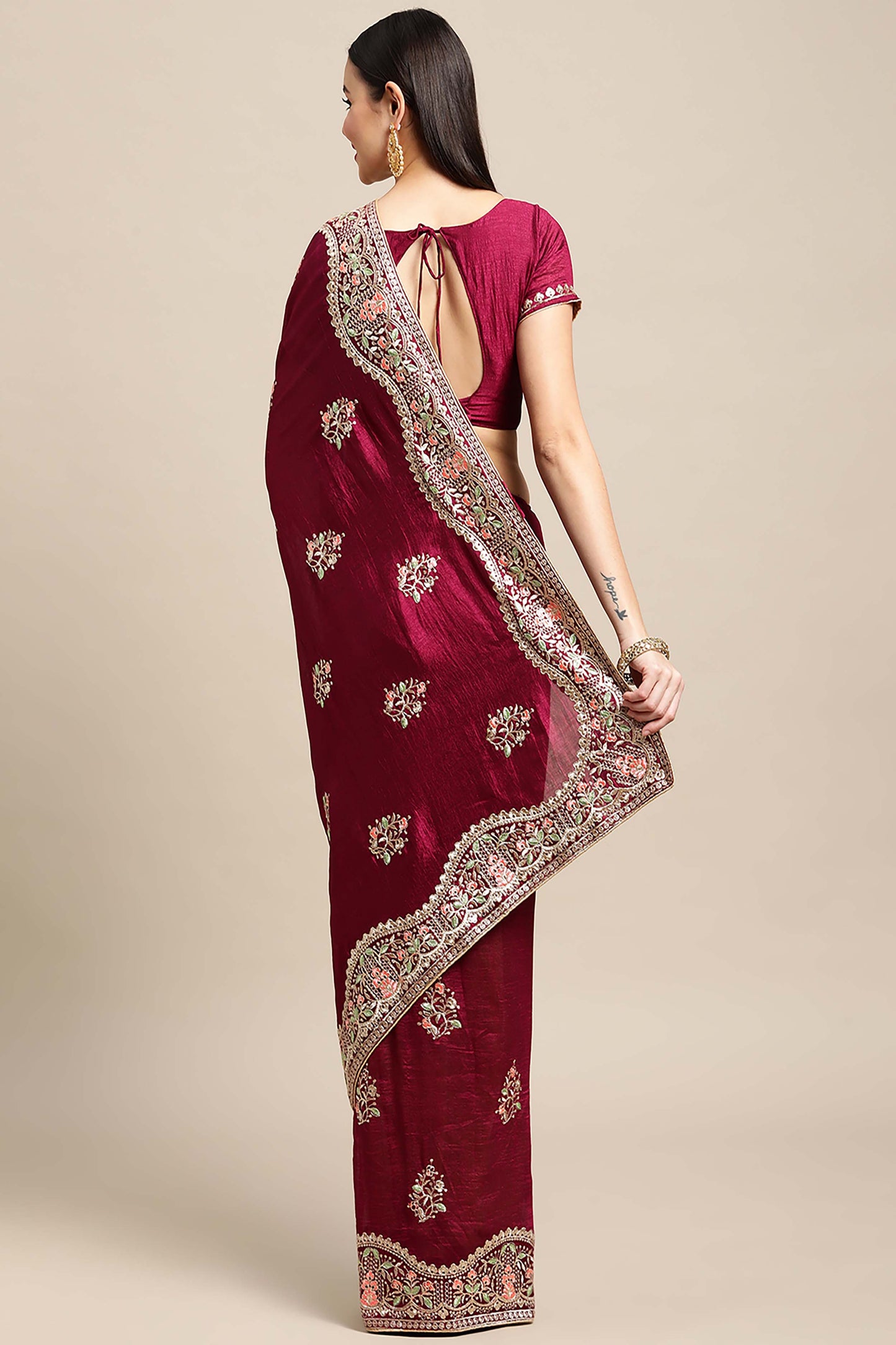 Maroon  Silk Embroidery Saree For Women