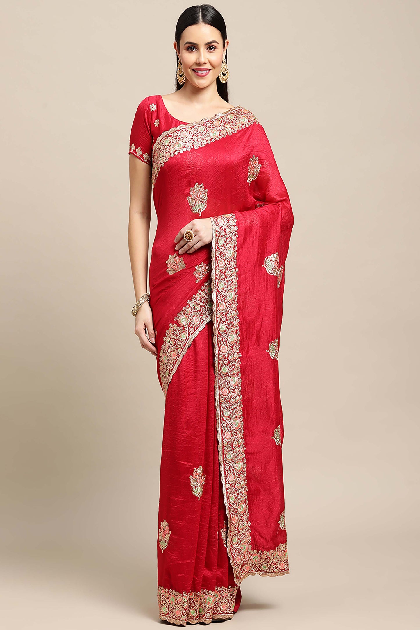 Warthy Ent Pink Silk Embroidered Saree With Unstitched Blouse