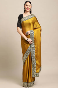 Yellow Silk Embroidery Lace Work Sari For Women