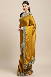 Yellow Silk Embroidery Lace Work Sari For Women