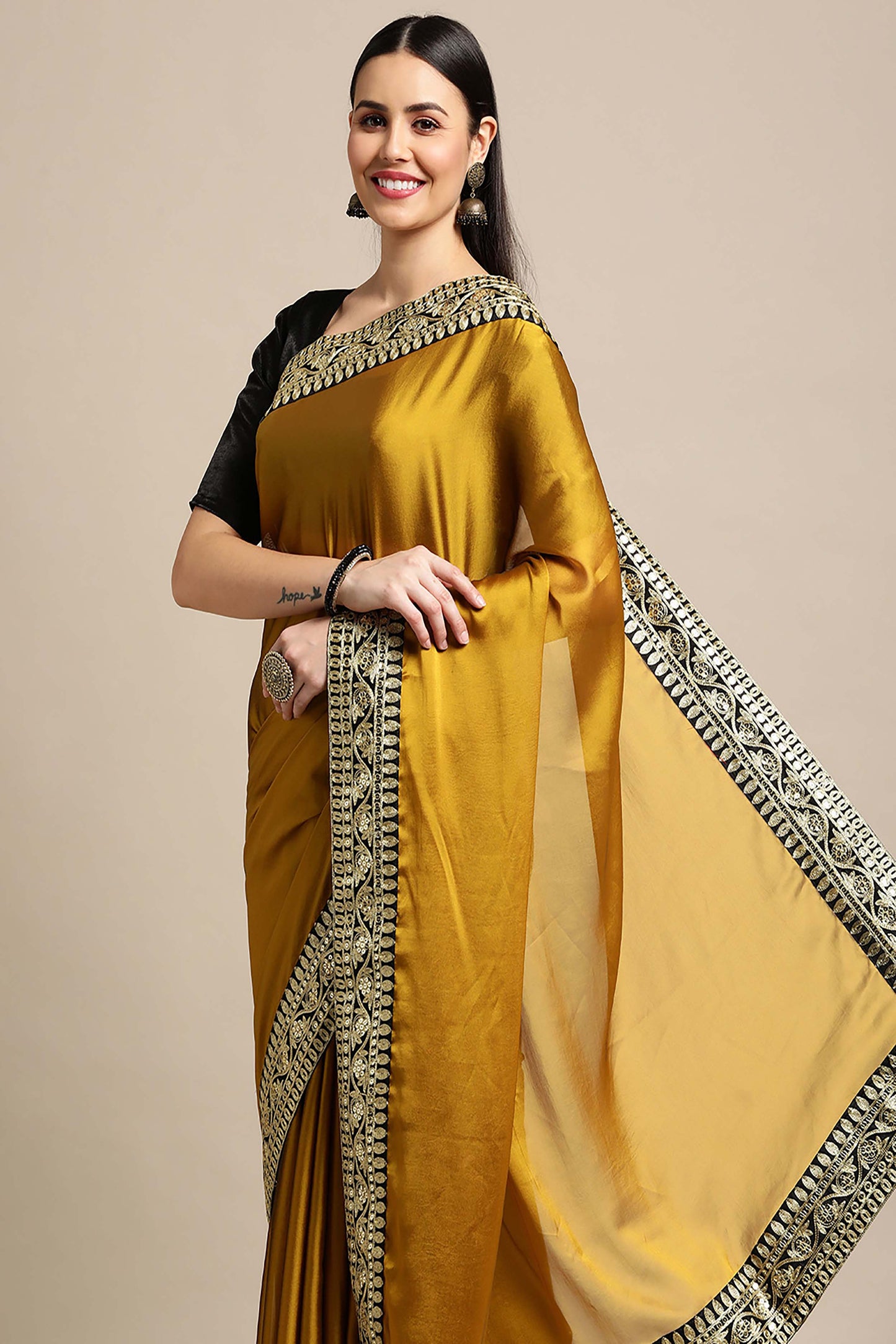 Yellow Silk Embroidery Lace Work Sari For Women