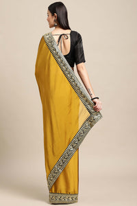 Yellow Silk Embroidery Lace Work Sari For Women