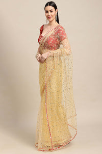 Cream & Green Net Saree With Sequence Work For Women