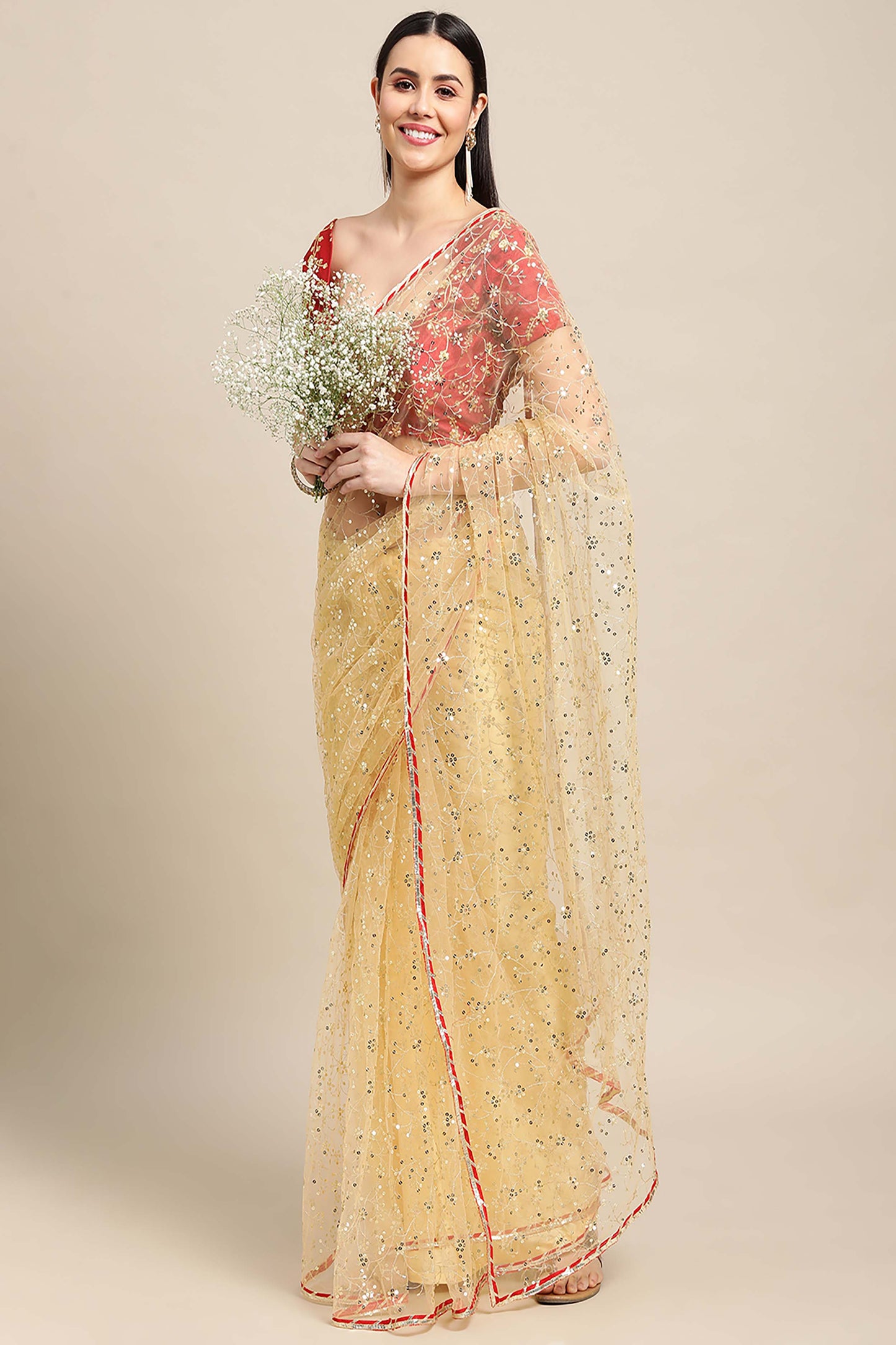 Cream & Green Net Saree With Sequence Work For Women