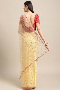 Cream & Green Net Saree With Sequence Work For Women