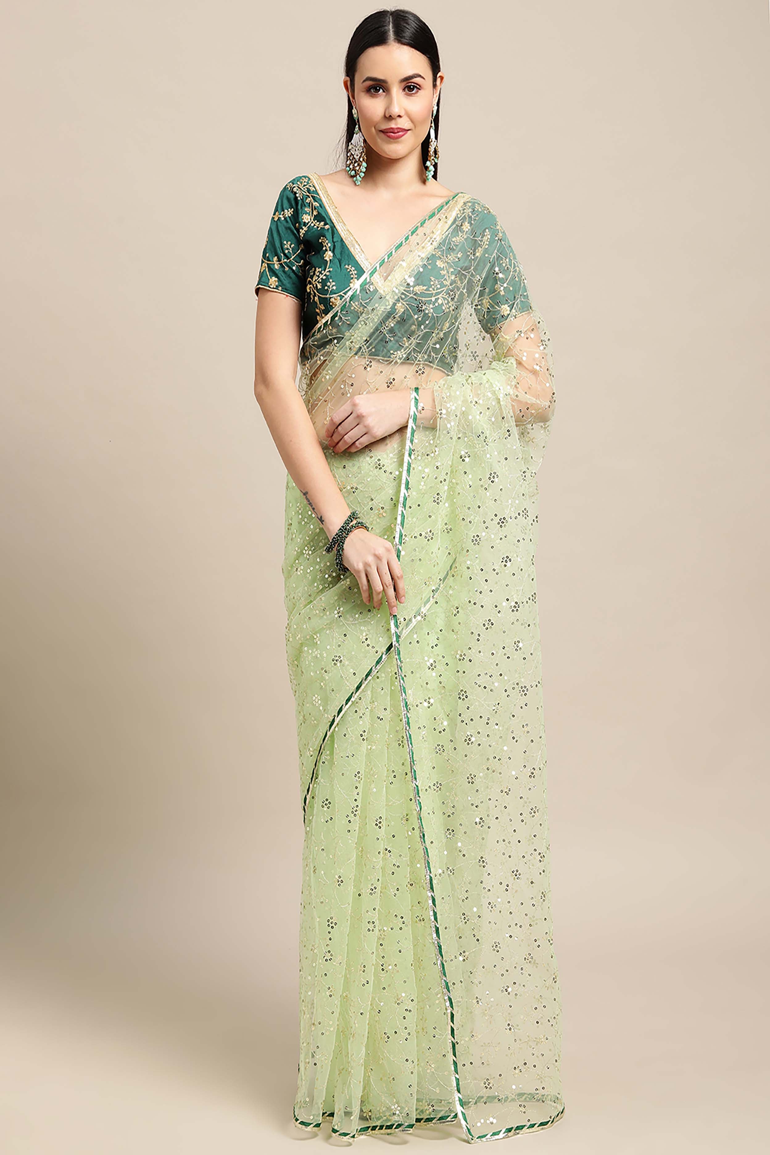 Cream & Green Net Saree With Sequence Work For Women