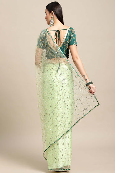 Cream & Green Net Saree With Sequence Work For Women