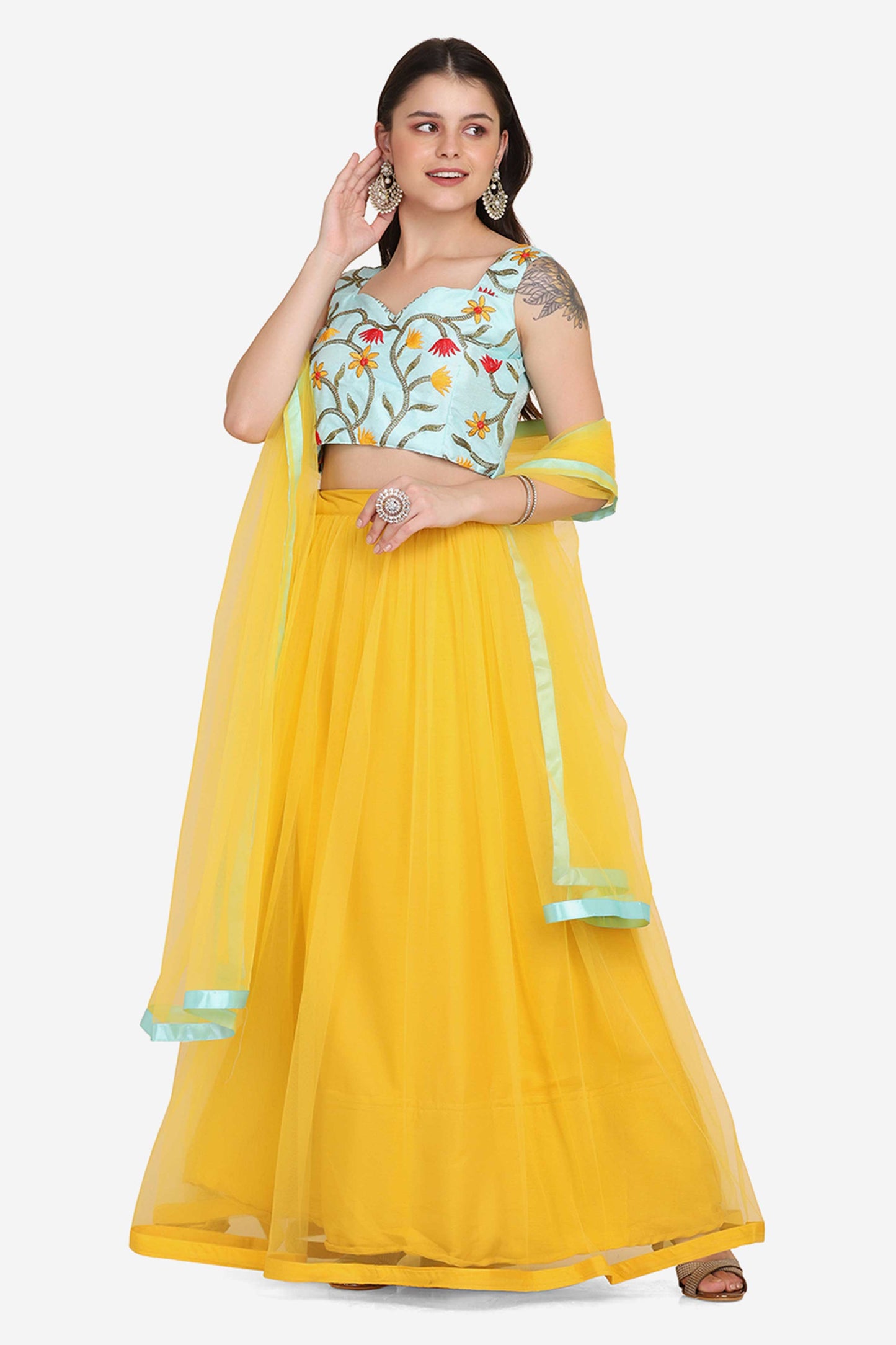 Yellow Net Lehenga with Lace Work For Women