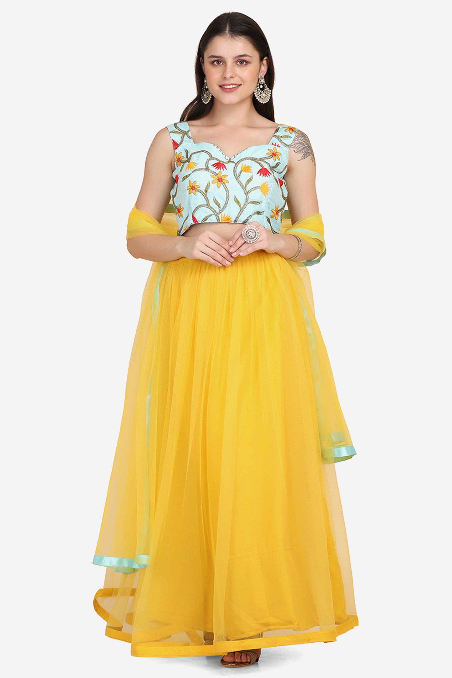 Yellow Net Lehenga with Lace Work For Women