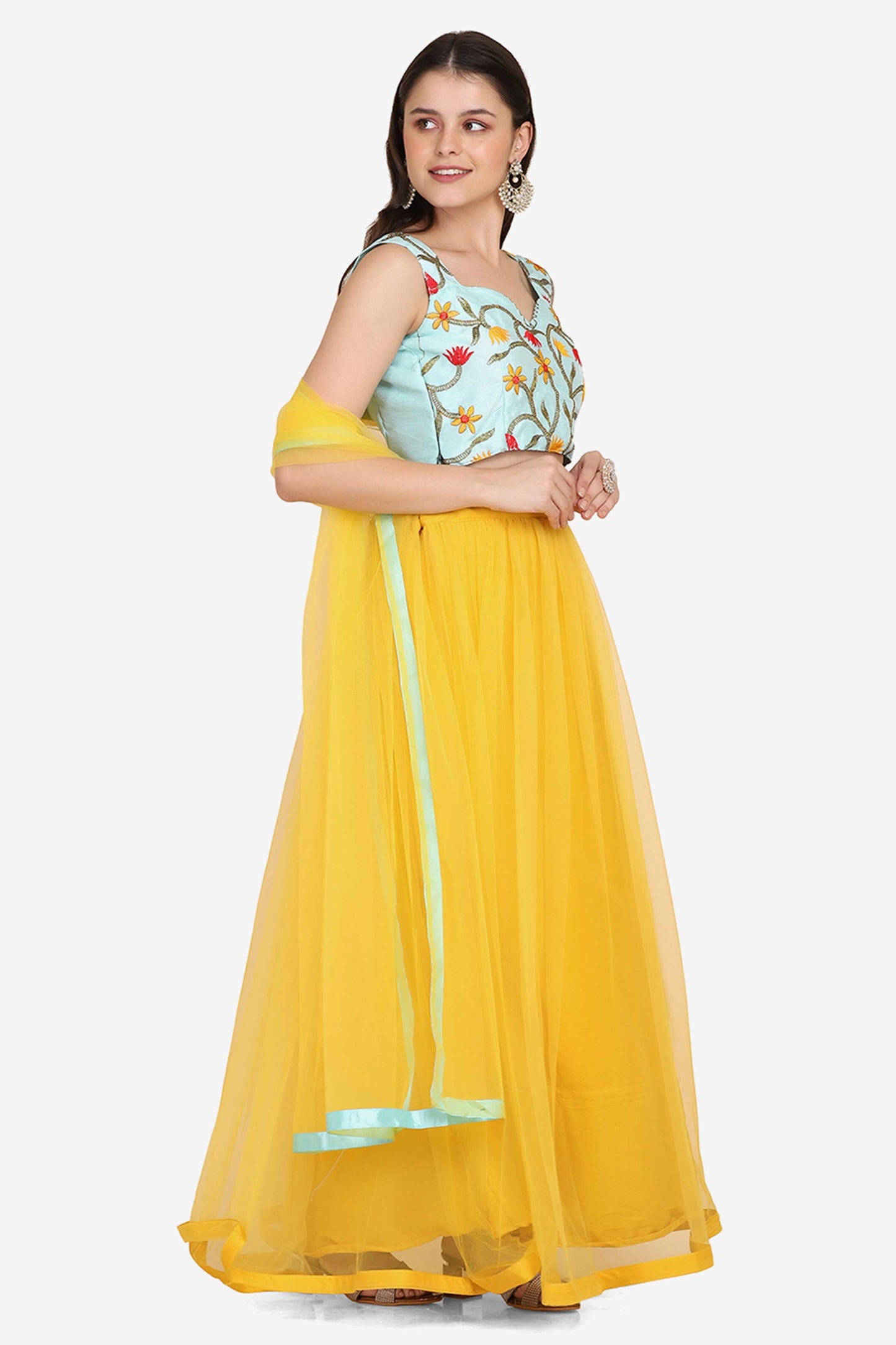 Yellow Net Lehenga with Lace Work For Women