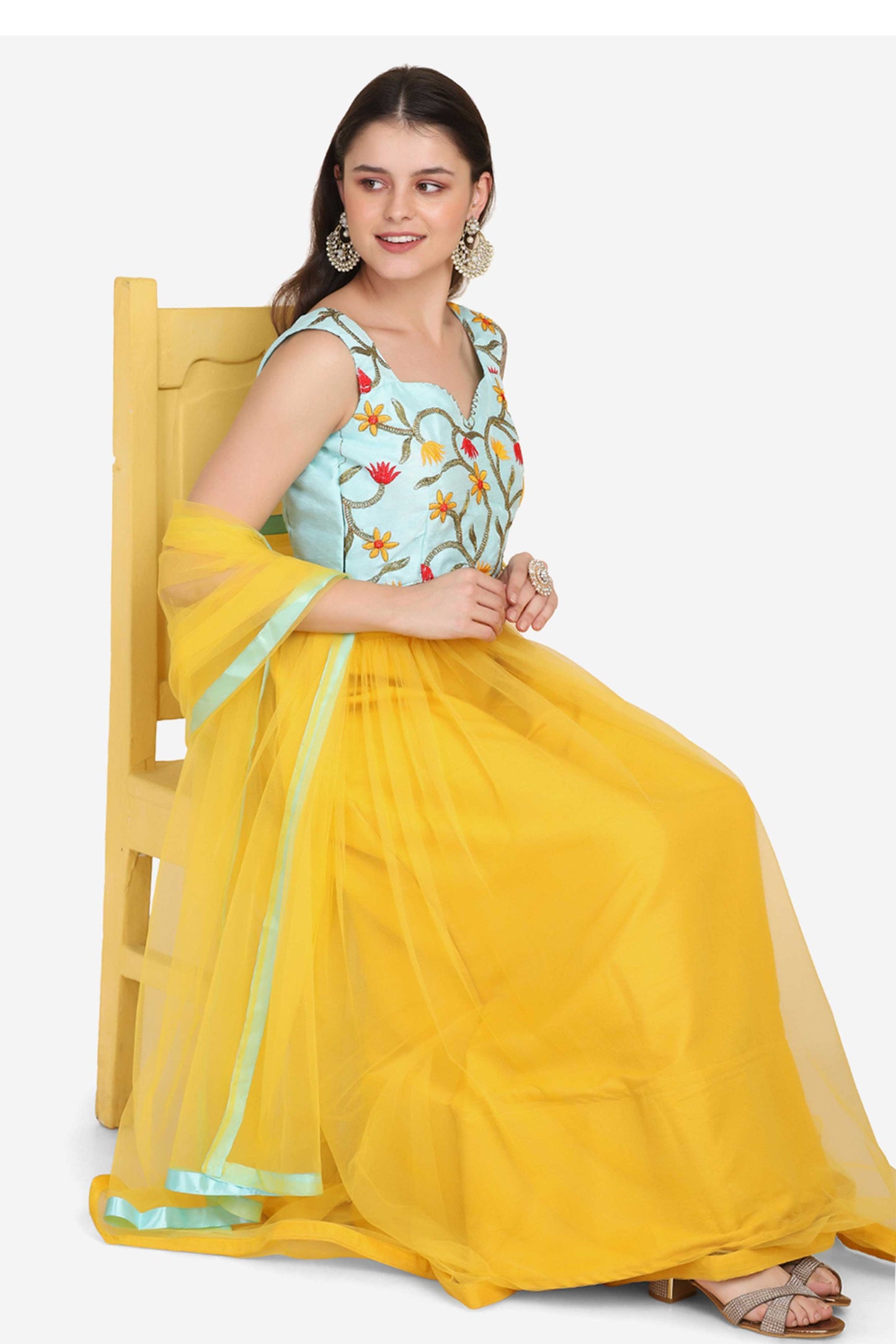 Yellow Net Lehenga with Lace Work For Women