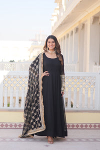 Faux Blooming Gown with Dupatta Featuring Attractive Embroidered Sequins Work and Lace Border