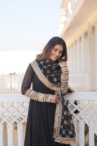 Faux Blooming Gown with Dupatta Featuring Attractive Embroidered Sequins Work and Lace Border