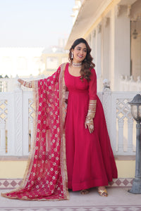 Faux Blooming Gown with Dupatta Featuring Attractive Embroidered Sequins Work and Lace Border