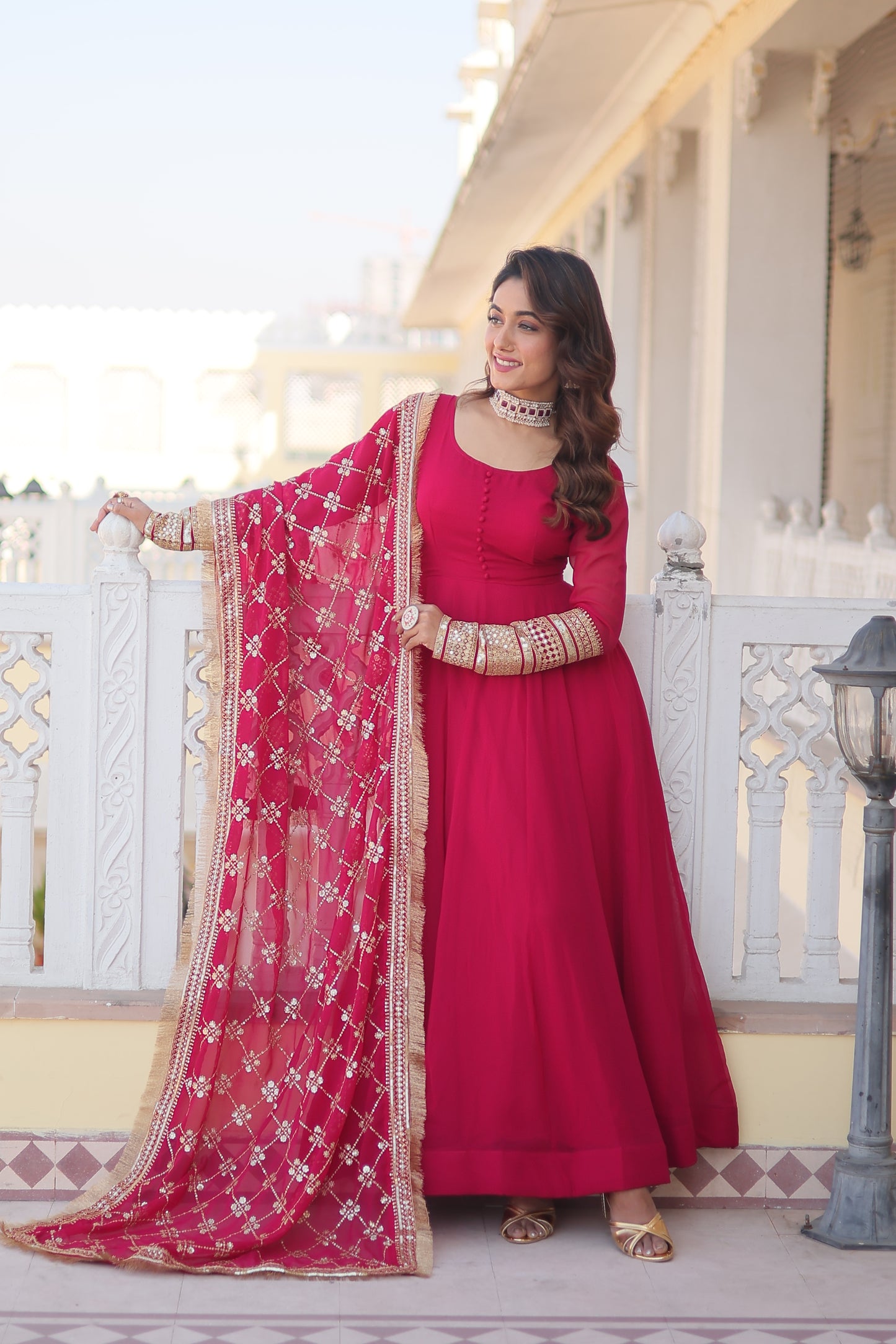 Faux Blooming Gown with Dupatta Featuring Attractive Embroidered Sequins Work and Lace Border